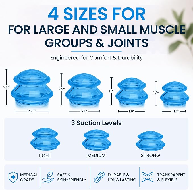 Silicone Cupping Therapy Set Professional Massage Cupping Cups for Cupping Therapy 4 Cup Kit for Massage, Myofascial Release, Cellulite Reduction (Lure Blue)
