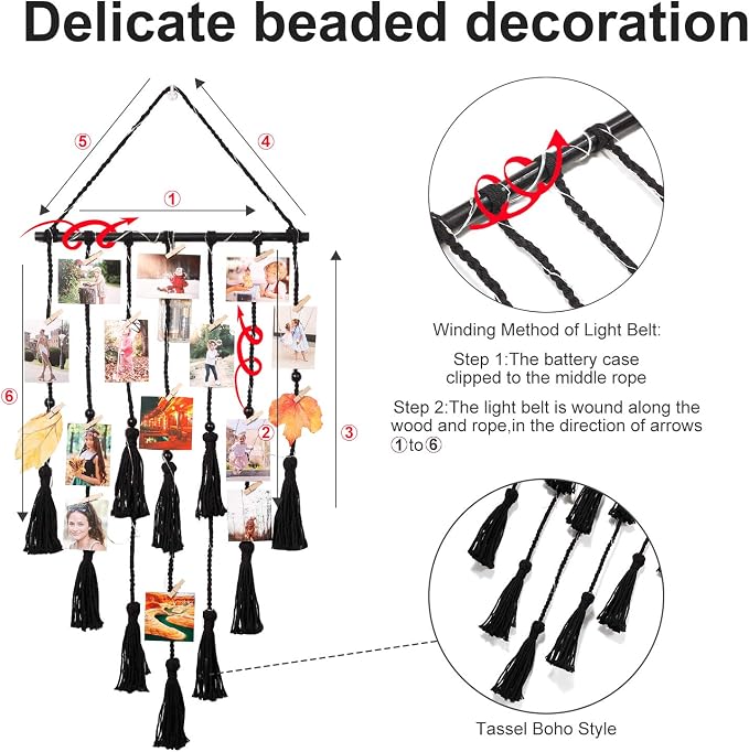 Hanging Photo Display Wall Decor, Black Macrame Hanging Boho Room Decor, Picture Frame Collage with Remote Light 30 Clips, Bedroom Apartment Home Decor, Christmas Mom Grandma Teen Girl Gifts