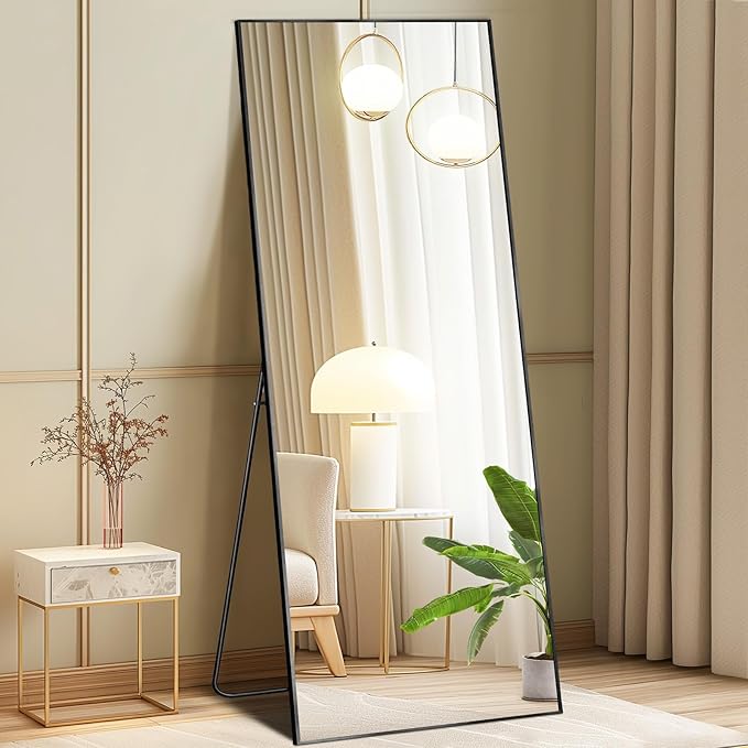 DUMOS 19"x58" Full Length Mirror with Stand, Full Body Floor Mirror | Free Standing or Wall Mount, Nano Glass Aluminum Frame, Hanging or Leaning, Modern Simple Home Decor, Black