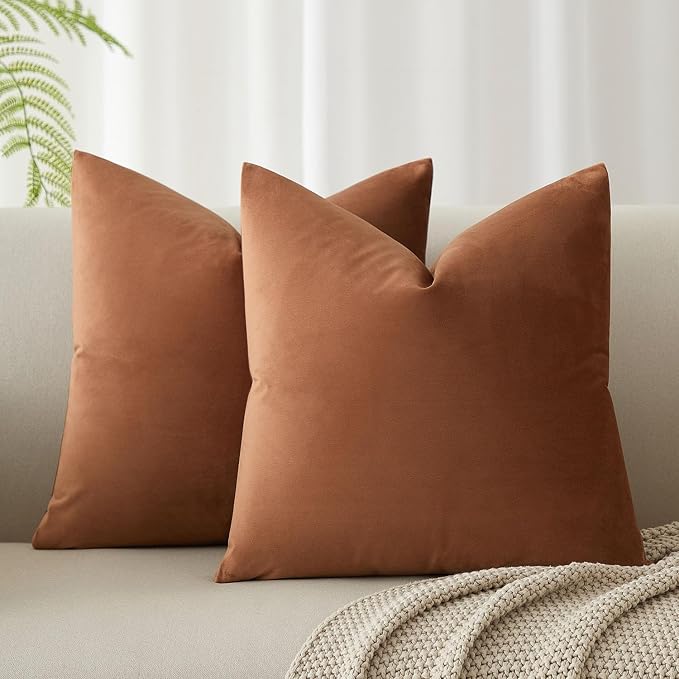 JUSPURBET 16x16 Decorative Velvet Throw Pillow Covers Set of 2,Mocha Mousse | Modern Soft Cushion Covers Cases with Hidden Zipper for Couch Sofa Bed Living Room Bedroom Home Decor