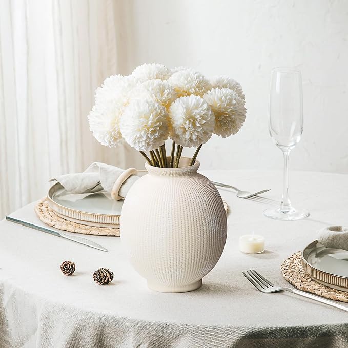 Ceramic Decorative Flower Vase - Rustic Farmhouse Boho Ceramic Vase for Home Decor, Table Centerpiece, Living Room, Bathroom, Book Shelf, Mantel Decoration, Wedding Decor (6.8" White)