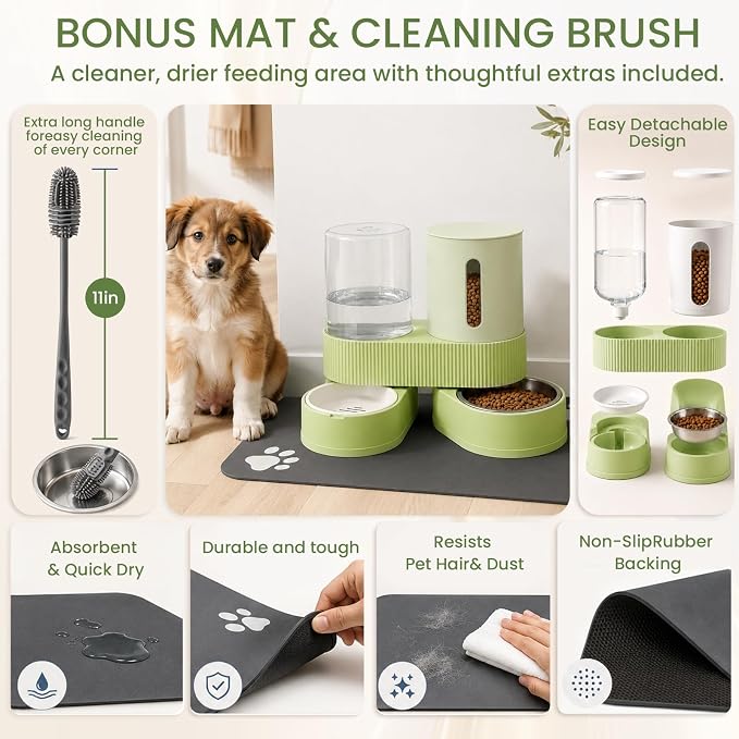 Gravity Cat Feeder 2 Pack Automatic Food Feeder Stainless Steel Water Dispenser Set 360° Rotatable Pet Bowls with Silicone Mat and Brush for Cats Small Medium Dogs, Large Capacity(Green)