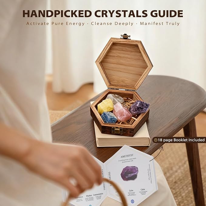 7 Chakra Healing Crystals Set - Large Raw Stones: Amethyst, Rose Quartz, Citrine, Lapis Lazuli, Clear Quartz, Tigers Eye, Red Jasper - Energy Alignment Kit with Wooden Gift Box & Guidebook