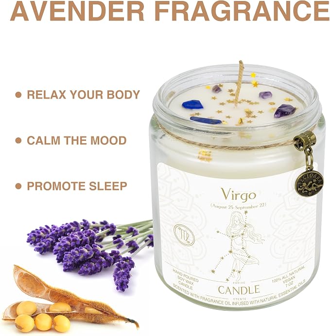 Zodiac Sign Candles, Zodiac Crystal Sign Candles,Astrology Scented Candles Best Friends Gifts for Women, Men Sister Brother Zodiac Funny Birthday Gift Candle Jar (Virgo)