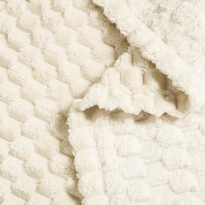 Vessia Flannel Fleece Throw Blanket(50x70 inch), 3D Jacquard Cream Fuzzy and Warm Blanket for Couch,Sofa,Bed,Chair, 300GSM Super Soft Touch Cozy Lightweight Throw for All-Season Home Decor