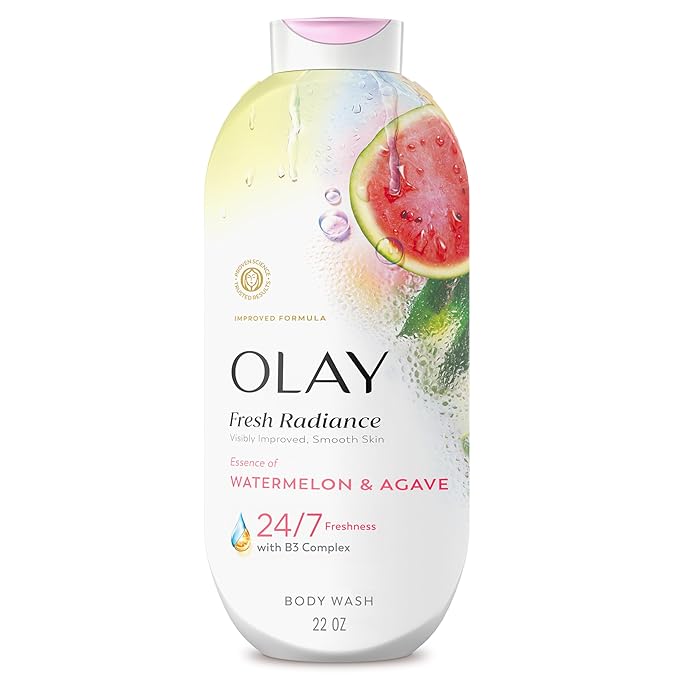 Olay Body Wash for Women, Fresh Radiance, 24/7 Skin-Loving Freshness, Visibly Radiant, Plant Based Cleansers, Vitamin B3 & Antioxidant Blend, For All Skin Types, Watermelon & Agave Scent, 22 fl oz