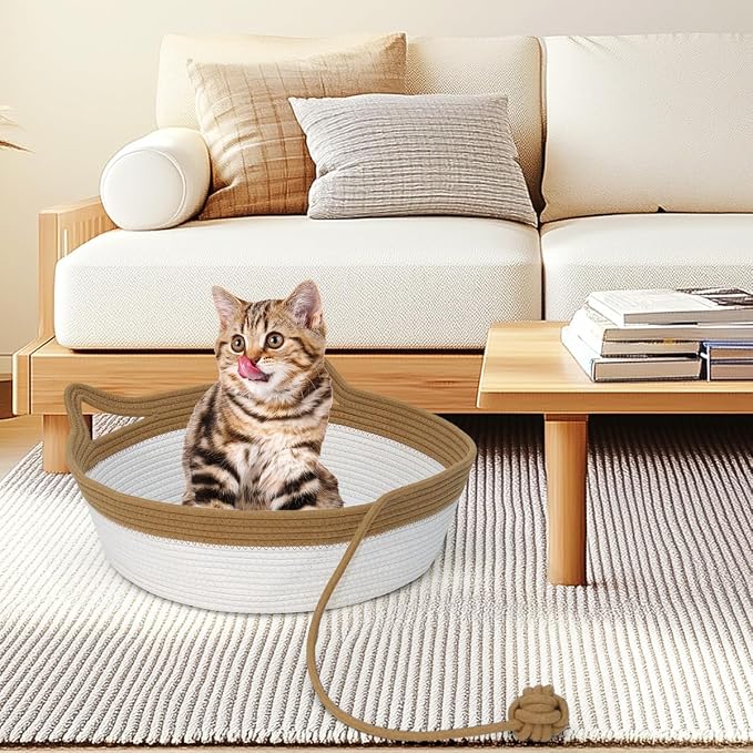 Cat Bed, Cotton Rope Instinct Basket for Cats, Handwoven Cat Beds | Stimuli Handwoven Basket for Cat, Pet Sleeping Bed with Rope Ball, Puppies, Rabbits and Small Pets (Large, Brown & Beige)