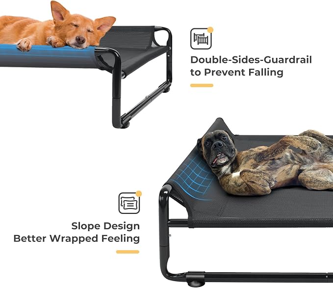 Veehoo Outdoor Elevated Dog Bed, Cooling Raised Dog Beds for Large Dogs | Washable Dog Cot with Headrest Sides, Non-Skid Feet, Breathable Mesh, Cooling Pet Hammock for Indoor or Camping, 47", Black