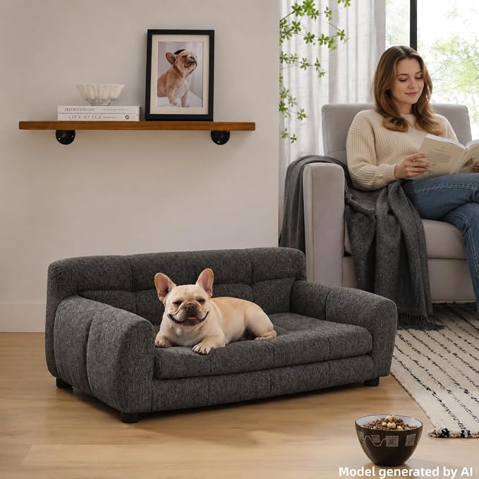 38"x22"Dog Sofa for Small & Medium Dogs | Removable Cushion Cover | Stable Low-Leg Frame | Breathable Linen Fabric | Armrest & Backrest | Easy to Clean | Dark Gray