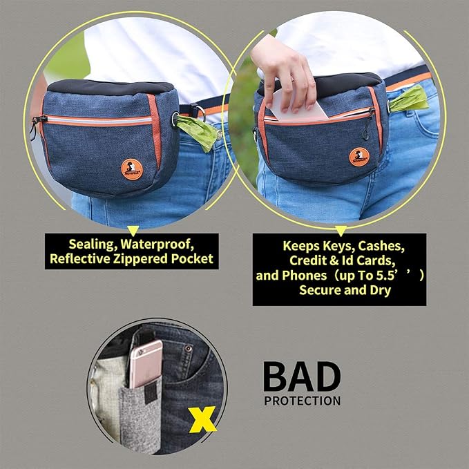 Pet Dog Treat Pouch Waist Bag, Auto Closing Waterproof Oxford Adjustable Training Belt Bags with Poop Bag Dispenser + Dog Collapsible Bowl for Dog Cat Running, Walking, Feeding (Grey)