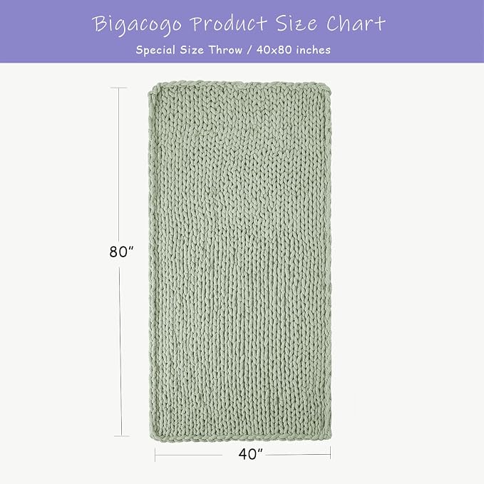 Bigacogo Chunky Knit Throw Blanket for Couch, 40x80 inches, Sage Green | Hand Knit with Jumbo Chenille, Soft Breathable Cable Knit for Sofa Bed Living Room, Machine Washable, Gift for Mom Friend