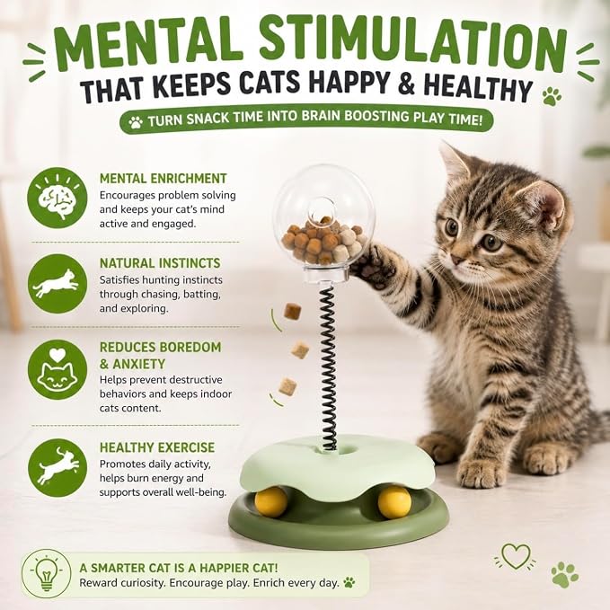 Interactive Cat Toy for Indoor Cats, 3-in-1 Cat Treat Dispenser Puzzle Toy with Spring Teaser, Rolling Ball Track & Slow Feed Treat Ball for Kittens and Adult Cats - Kitty Whiskers Playhouse