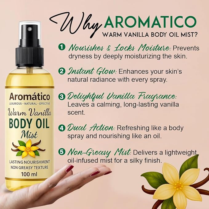 Aromatico Warm Vanilla Mini Body Oil Mist for Women | Lightweight, Non-Sticky, Spray-on formula for Daily use After Shower | Moisturized, Soft, Glowing Skin | Cozy, Creamy Vanilla Scent - 4 Fl Oz
