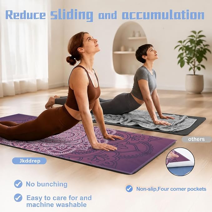 Yoga Mat Towel, Hot Yoga Non Slip with 4 Corner Pockets, 74 x 26 in | Soft Absorbent Microfiber With Four Corner Pockets, Fits Over Yoga Mats For Hot Yoga, Pilates, Gym, And Travel