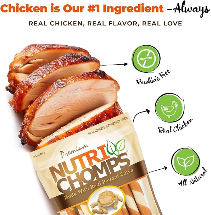 Nutri Chomps Rawhide Free Dog Chews, Peanut Butter, 5in Twists, 10ct, 2pk | Long-lasting chew. High protein, low fat, healthy & delicious treat for dogs.