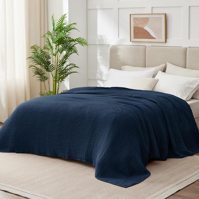 100% Cotton Muslin Blanket California King 120" x 90", 6 Layers Breathable and Lightweight Oversized Blankets for Bed, Soft Cooling Gauze Blanket for Adults All Season, Navy