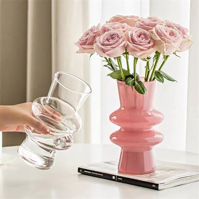 JSPYFITS Modern Glass Vases, 7.87" Tall Four-Layer Book Vase Bubble Flower Vases Decorative for Home Decor, Pink Glass Table Vase for Wedding Housewarming Gift