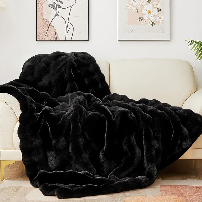 Latepis Soft Black Faux Fur Bubble Blanket, Fuzzy Warm Cozy Twin Blankets for Couch, Plush Fluffy Blankets for Sofa and Bedroom, Throw Blanket, 60” x 80”, 860GSM