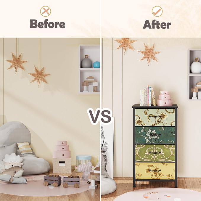 4 Drawer Dresser, Vintage Nightstand, Fabric Chest of Drawers | Vertical Dresser for Bedroom, Storage Tower Units with Fabric Drawers, Small Dressers for Closet, Retro Style, Wooden Top