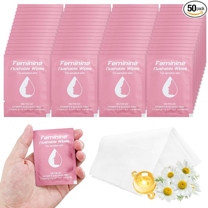 twoworld 50 Feminine Wipes Flushable Travel Individually Wrapped | Travel Wipes for Women,Feminine Care Wet Wipes Travel Size Vaginal Wipes for Adult,Girl and Homeless(Chamomile)