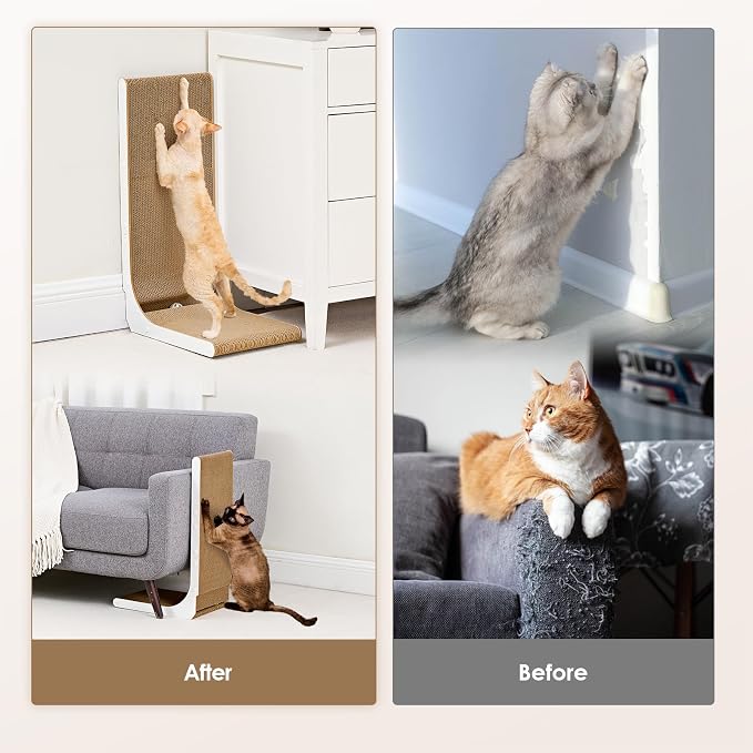 EHEYCIGA Cardboard Cat Scratcher for Indoor Cats, 26.8 Inch, White | L Shaped Scratching Post, Vertical Cat Scratching Board with Ball Cat Toy, Furniture Protector, Large Cat Scratch Pad