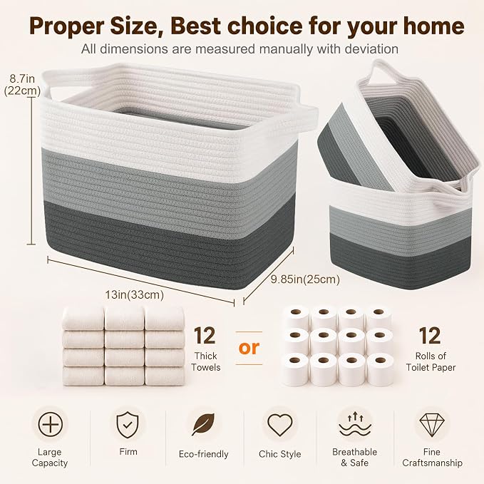 OIAHOMY Storage Basket, Woven Baskets for Storage, Cotton Rope Basket for toys,Towel Baskets for Bathroom - Pack of 3, Gradient Dark Gray