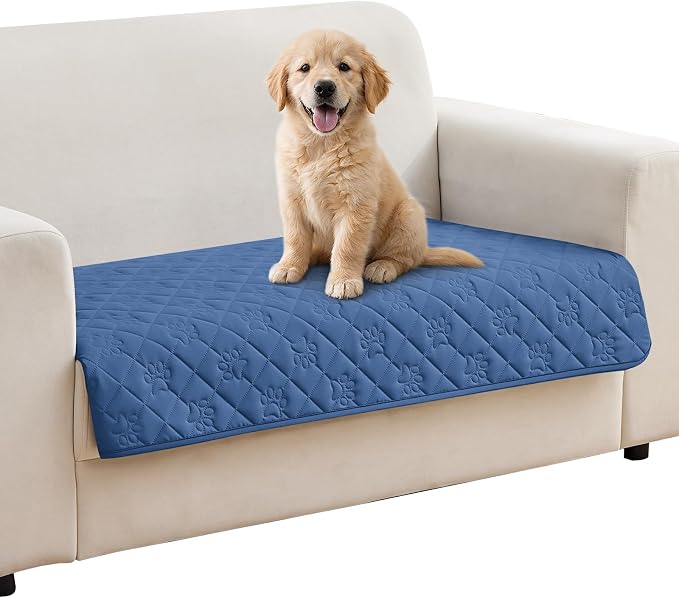 PAWFINITY Waterproof Loveseat Covers for Dogs, Pet Blanket for Couch | Paw Print Quilted, Hair Resistant, Anti Cat Scratch, Washable Protector for 2 Seat Sofa & Chair Cushion, 40x50 Inch, Blue