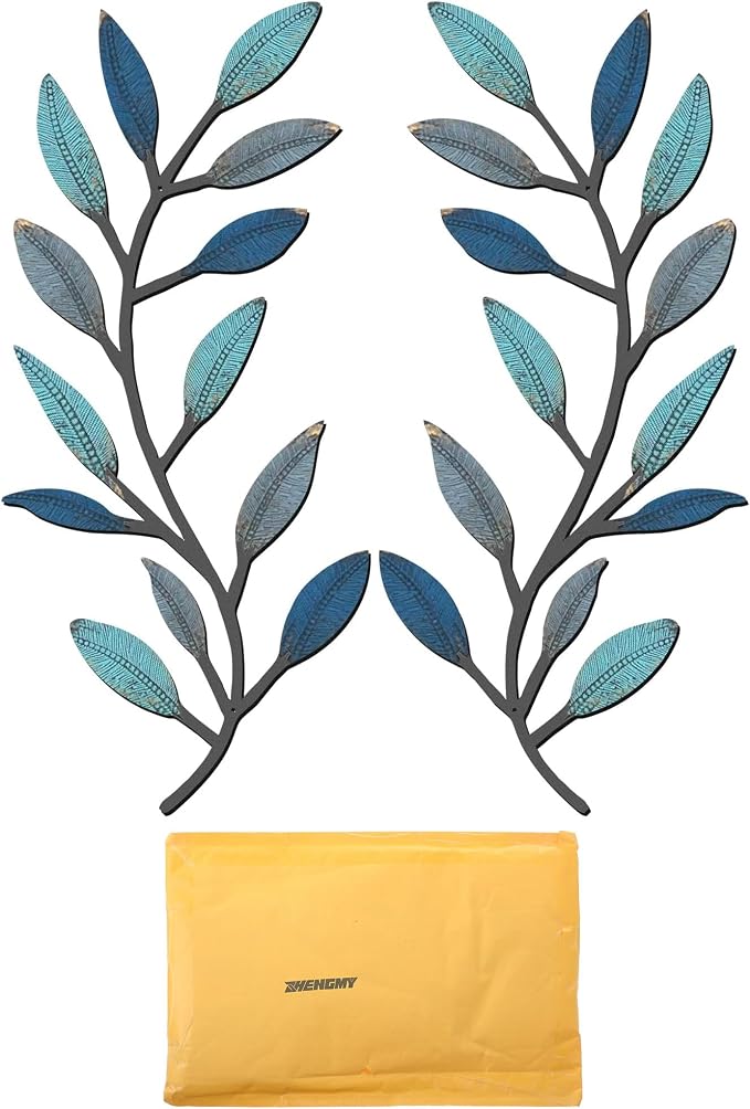 Zhengmy 2 Pcs Metal Leaf Wall Art Vine Branch Decor,Vintage Blue | Olive Branch Metal Decor for Living Room Hallway, Symmetrical Leaf Pair for Doorway Entryway, Lightweight Hanging Art Design