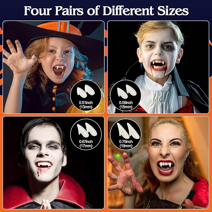 4 Pairs Vampire Teeth Fangs, 4 Sizes Halloween Vampire Fake Fangs with 2 Packs of Tooth Solid Adhesive for Cosplay Props Halloween Party Accessories Masquerade Dress up Favors