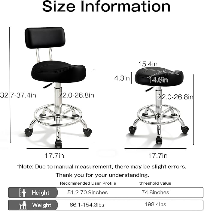 Saddle Stool with Back and Ring Pedal, Adjustable Hydraulic Rolling Chair with Wheels for Salon, Spa, Medical, Massage & Drafting Use Black