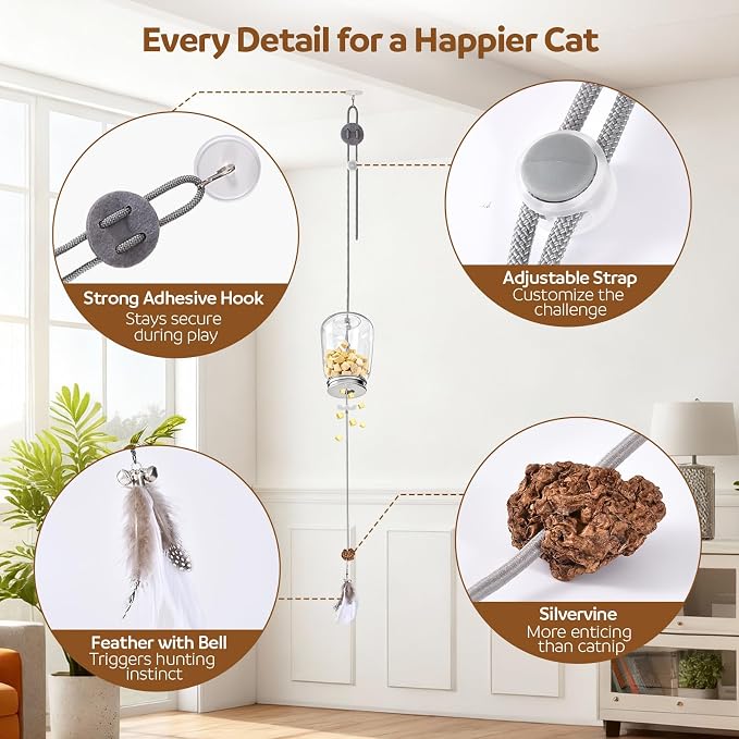 2-in-1 Hanging Cat Toy for Indoor Cats, Interactive Door Hanging Teaser & Treat Dispenser, Self Play Kitten Toy with Feather, Springs & Rope, Boredom Relief for Home Alone Cats