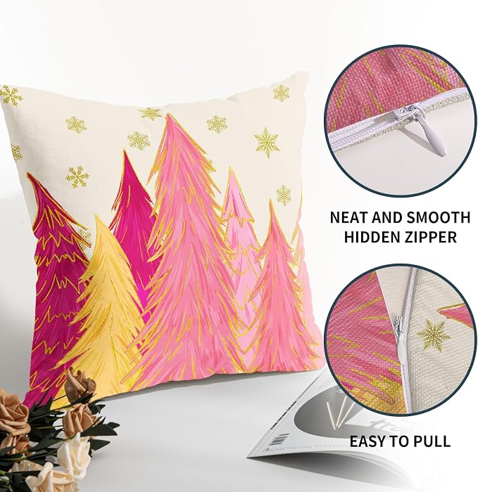 Christmas Pillow Covers 22X22 Inch Set of 2 Hot Pink Xmas Trees Decorative Pillow Cases Golden Snowflakes Cotton Linen Cushion Case Farmhouse Winter Holiday Home Decor for Sofa Couch Bedroom