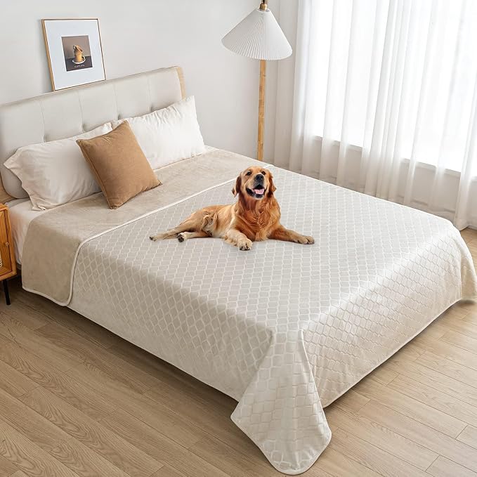 fuguitex Waterproof Dog Blanket Bed Cover Dog Crystal Velvet Moroccan Fuzzy Cozy Plush Pet Blanket Throw Blanket for Couch Sofa(52 * 82 inch, Cream+Beige)