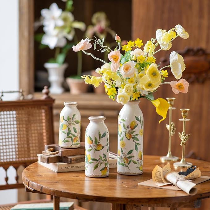 Teweiqi Vintage Vase Set of 3, Ceramic Flower Vases Decor, Rustic Farmhouse Vases Retro Decorative Vases, for Home Living Room Kitchen Table Mantle Shelf Decor - Lemon
