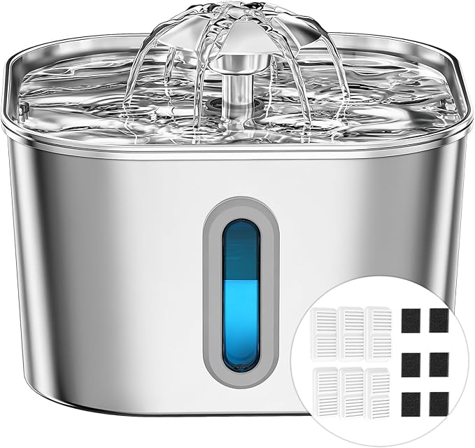 Cat Water Fountain Stainless Steel 74oz/2.2L with 6 Filters & 6 Sponges | Pet Water Dispenser-Indoor Cats Automatic Silent Fountains for Drinking-Metal Small Dog Watering Bowls-Gifts for Kitty Animal
