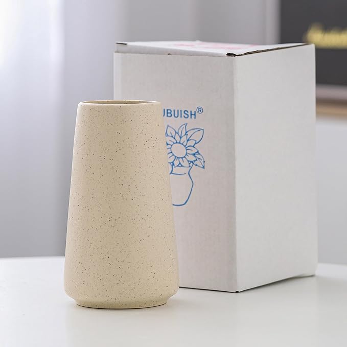 Simple Boho Ceramic Flower Vase for Home Decor (Beige,Small) | 6'' Modern Neutral Vase for Flower Plant Pampas Grass, Fit for Table Shelf Centerpieces, Living Room Kitchen Wedding Gift