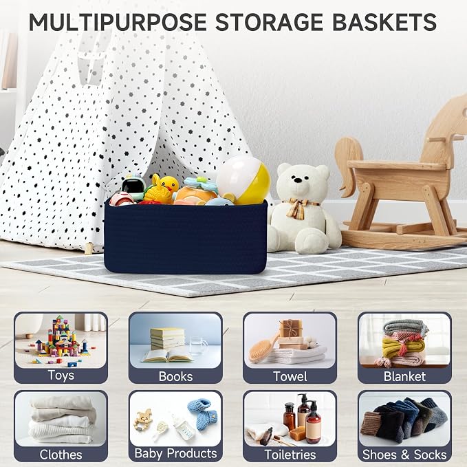 3 Pack Small Storage Baskets for Organizing, 11.8×7.8×5.1", Navy Blue | Woven Baskets for shelves, Cotton Rope Basket for Gifts Empty, Closet Organizer Bins with Handles, Cube Decorative Box