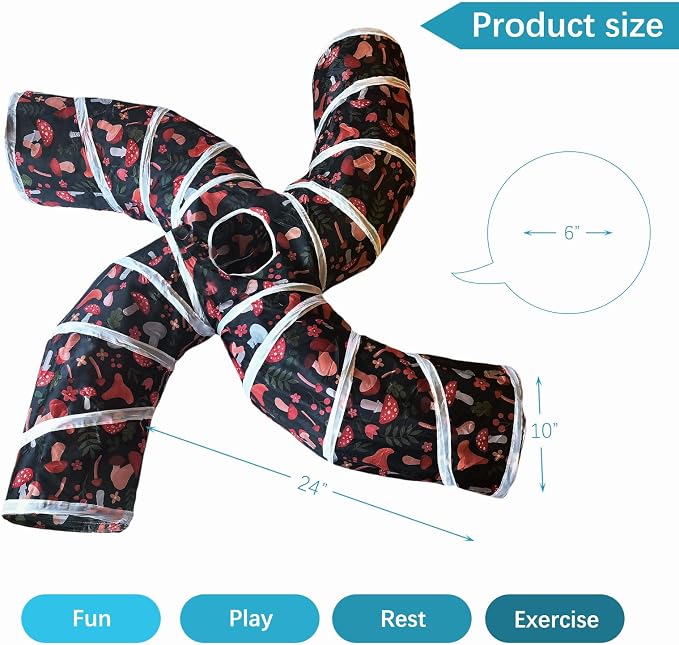 EGETOTA Cat Tunnel for Indoor Cats Large, with Play Ball S-Shape 5 Way Collapsible Interactive Peek Hole Pet Tube Toys, Puppy, Kitty, Kitten, Rabbit (S4 - Mushroom)