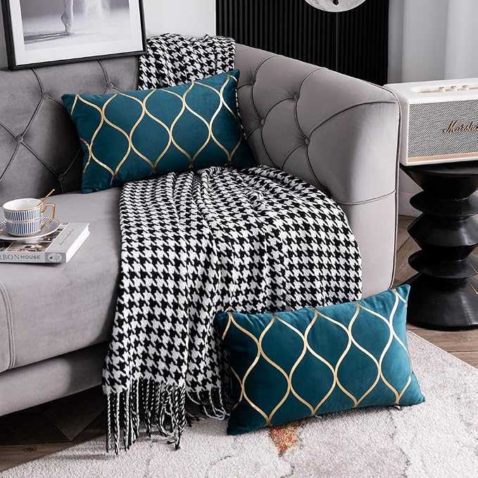 12x20 Inch Gold Velvet Throw Pillow Covers: 2 Pack Rectangular Decorative Pillow Cases for Bedroom Sofa Couch Living Room, Teal Christmas