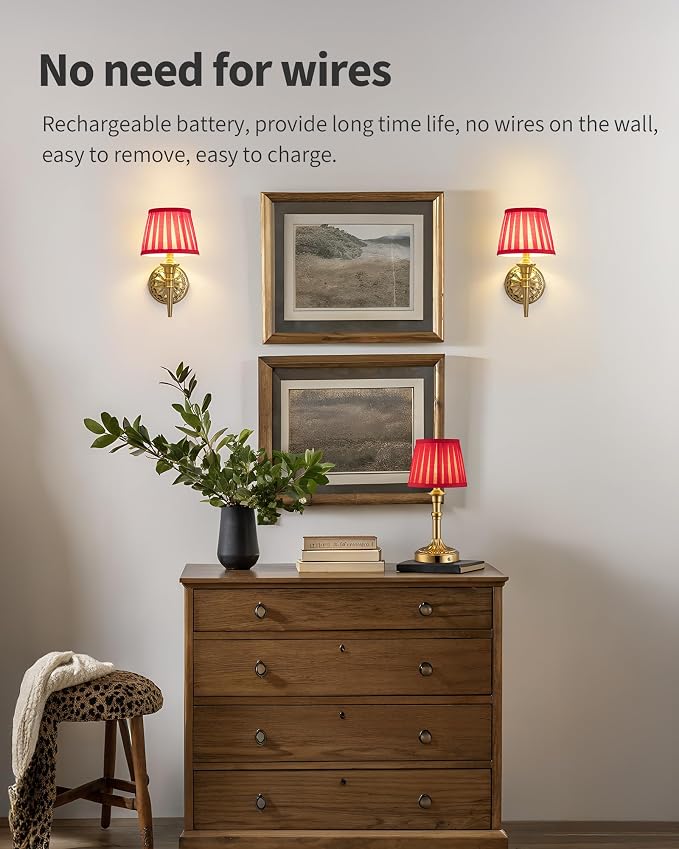 KDG Cordless Gold Wall Sconces Set of 2, Red Fabric Lampshde Wall Lamps | Small LED Wireless Portable Rechargeable Battery Lighting for Wall Painting, Living Room, Bedroom, Hallway, Gifts, Nightlight