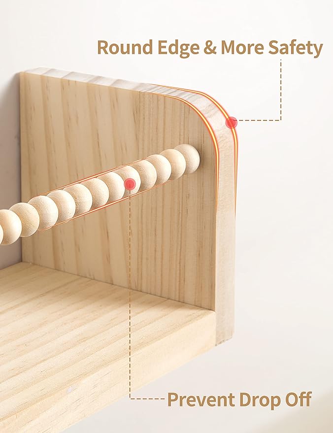 Maxpeuvon Nursery Shelves for Wall Set of 3, Natural Wood Floating Shelves | Kids Bookshelf with Towel Bar, Wall Mounted Organizer and Decor with Beads, for Kids Room, Bedroom and Kitchen