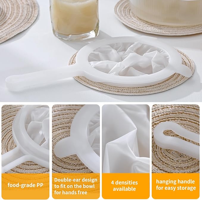 3-Piece Mesh Strainer Set with Handles & Hanging Loops, 100/200/300 Mesh, Nylon & Plastic Sieve for Tea, Coffee, Nut Milk, Juice, Broth, Smoothies, Reusable & Easy to Clean,Durable,Dishwarer Safe