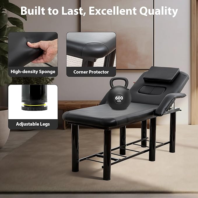 Professional Massage Salon Bed 73.6 Inch with Handrail, Stationary Physical Therapy Treatment Table with Removable Headrest & Chest Cushions, Spa Facial Esthetician Bed with Adjustable Backrest