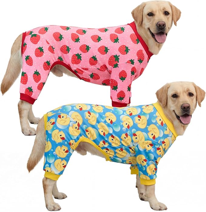 XPUDAC 2 Pack Dog Pajamas for Large Breeds, Soft Warm Dog Pjs Onesie 4-Way Stretch Pet Outfit Lightweight Pet Clothes Boy Girl Duck Strawberry Print, 8XL