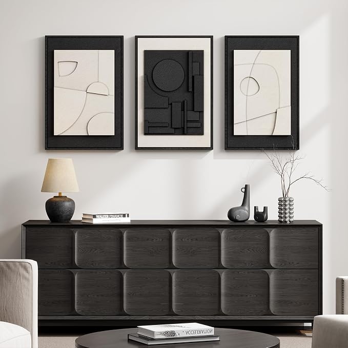 3D Textured Framed Black and White Abstract Wall Art Set of 3, 16x24 In | Solid wood frames, raised circles lines and blocks, modern minimalist wall decor for bedroom living room and dining room