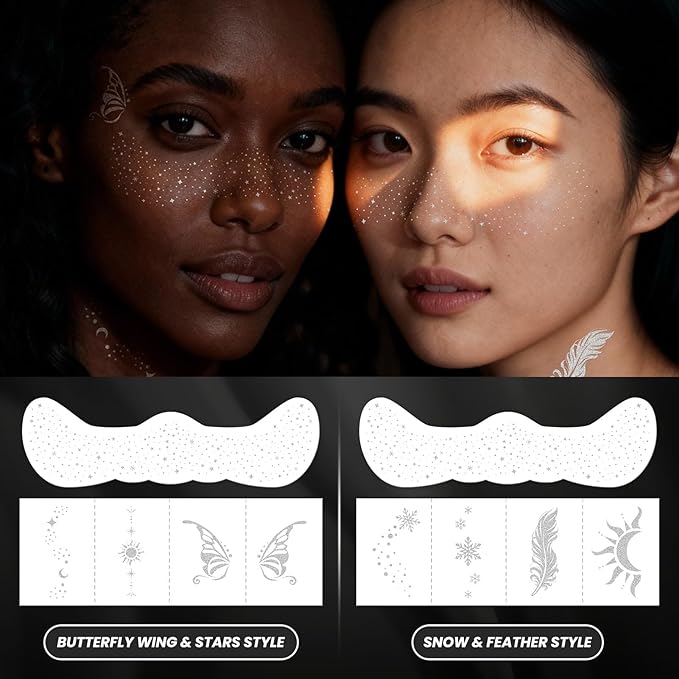 30PCS Glitter Freckles Face Tattoos & Face Gems Set, Classic Silver Glitter Temporary Tattoos Makeup Patches, Fake Freckles Face Glitter for Women’s Rave Outfits & Accessories