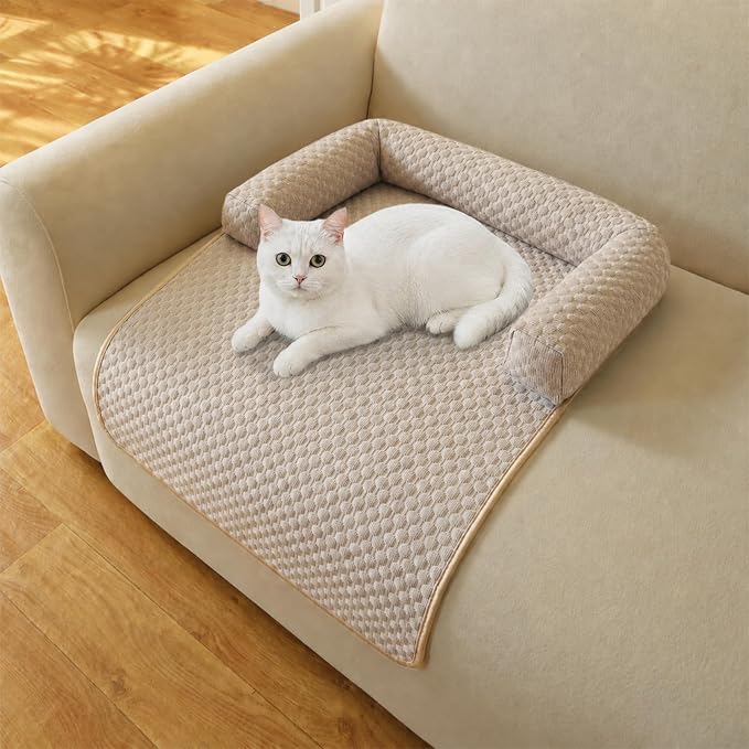 Cooling Pet Bed Mats with Neck & Head Support, 31.5 x 23.62 inch Khaki | for Small and Medium Dogs & Cats, Non-Slip, Machine Washable, Protects Sofa from Fur & Scratches