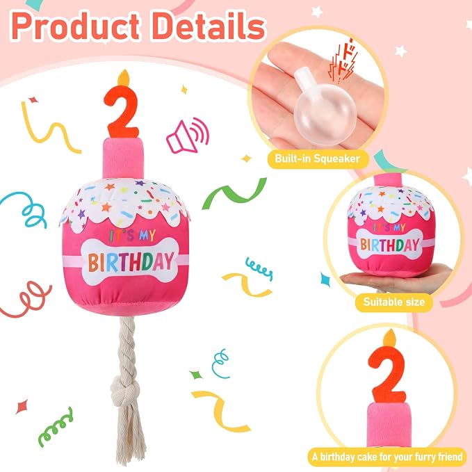 Dansydaisy Dog Birthday Cake Toy Squeaky Plush Gift,2nd,Rose Pink