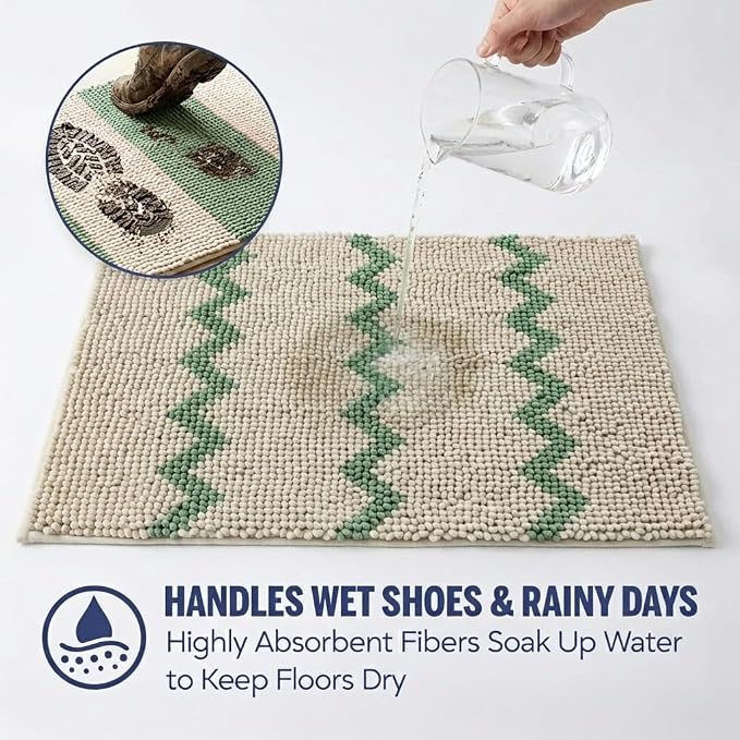 Muddy Mat® Super Absorbent Loop-Thread Chenille Dog Door Mat for Muddy Paws – Non-Slip, Machine Washable Indoor Entry Rug, Quick-Dry Pet Mat for Entryway – Green Chevron 19"x30"