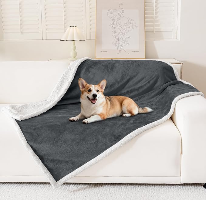 Smiry Waterproof Blanket Throw, Reversible Dog Blanket for Sofa Couch Bed | Soft Leakproof Sherpa Fleece, Washable Furniture Couch Protector for Large Dogs Cats, 40"x60", Dark Grey/White